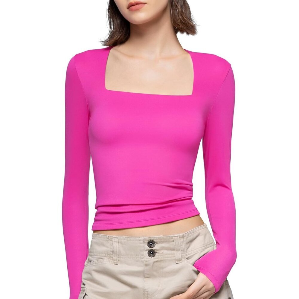 Women's Blush Square Neck Long Sleeve T Shirts Slim Fit Tops Collection